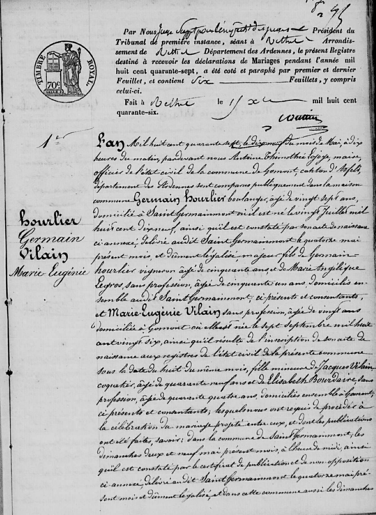 Mariage Hourlier Germain - Vilain Marie Eugenie  09_05_1847 -1.jpg